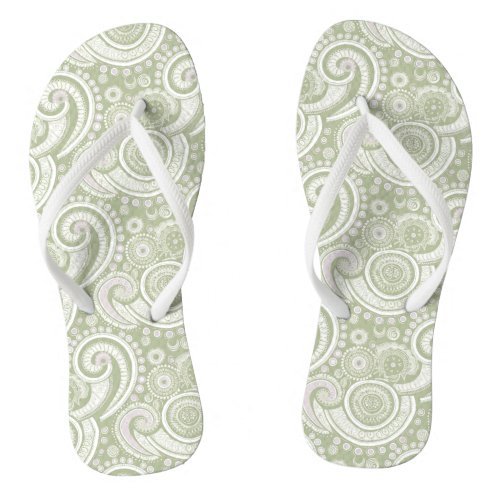 Pale Green and White Paisley Pattern Flip Flops