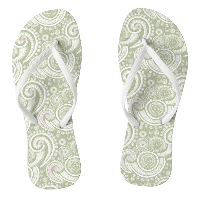 Pale Green and White Paisley Pattern Flip Flops (Footbed)