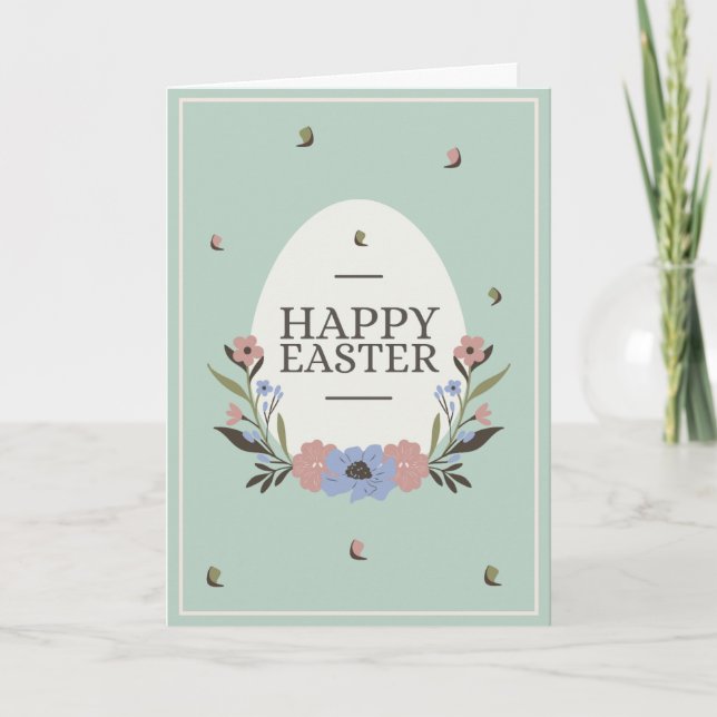 Pale green background with a white egg and flowers card (Front)