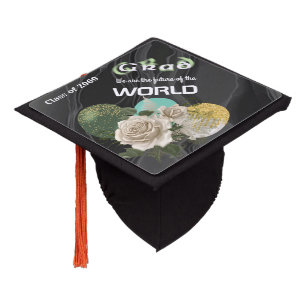 Pale Green Blurred Text White Roses Balloons Graduation Cap Topper