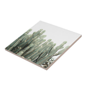 Pale Green Cactus Plants Pattern Ceramic Tile