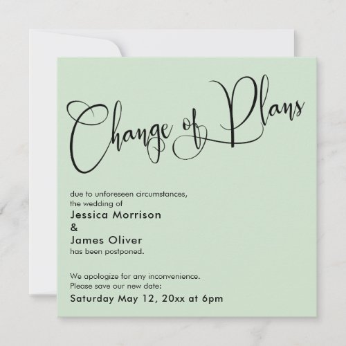 Pale Green Change of Plans Postponed Wedding Card