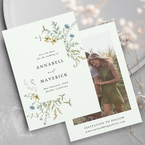 Pale Green Delicate Wildflower Boho Wedding Photo Save The Date