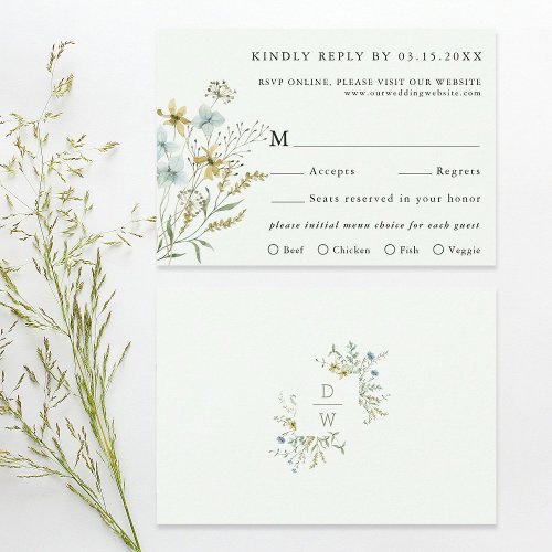 Pale Green Delicate Wildflower Modern Boho Wedding RSVP Card