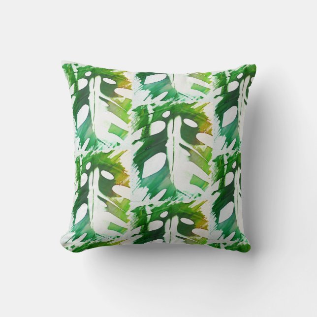 Pale Green Delicious Monster Leaf Painted Cushion (Front)