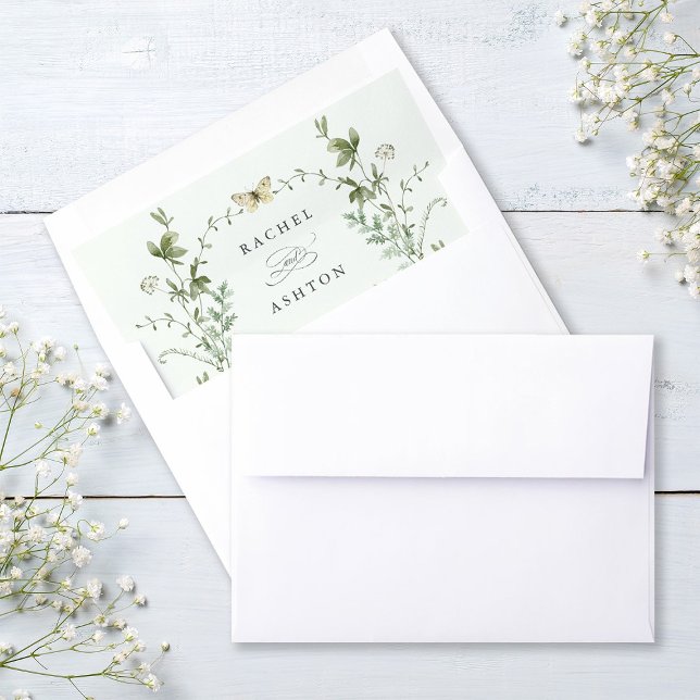 Pale Green Elegant Watercolor Wildflowers Wedding Envelope Liner (Creator Uploaded)
