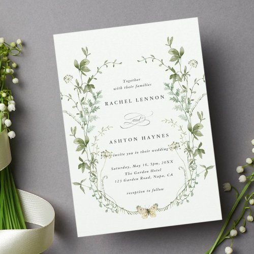 Pale Green Elegant Watercolor Wildflowers Wedding Invitation