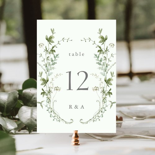 Pale Green Elegant Watercolor Wildflowers Wedding Table Number