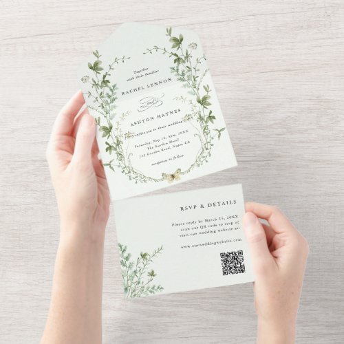 Pale Green Elegant Wildflower QR Code Wedding All In One Invitation