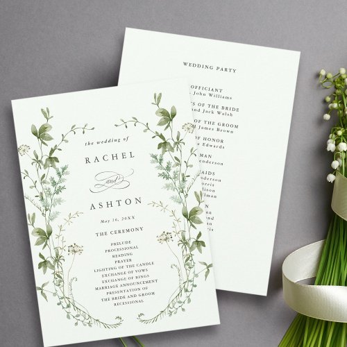 Pale Green Elegant Wildflower Wedding Ceremony Program