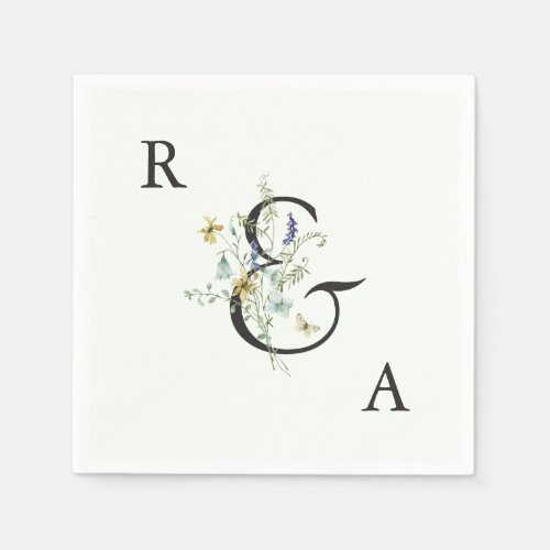 Pale Green Elegant Wildflower Wedding Monogram Napkins