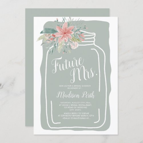 Pale green floral mason jar script bridal shower invitation