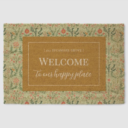 Pale Green Folk Floral Coir Door Mat