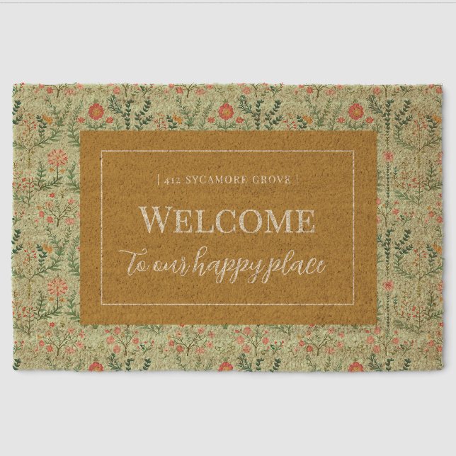 Pale Green Folk Floral Coir Door Mat (Front)