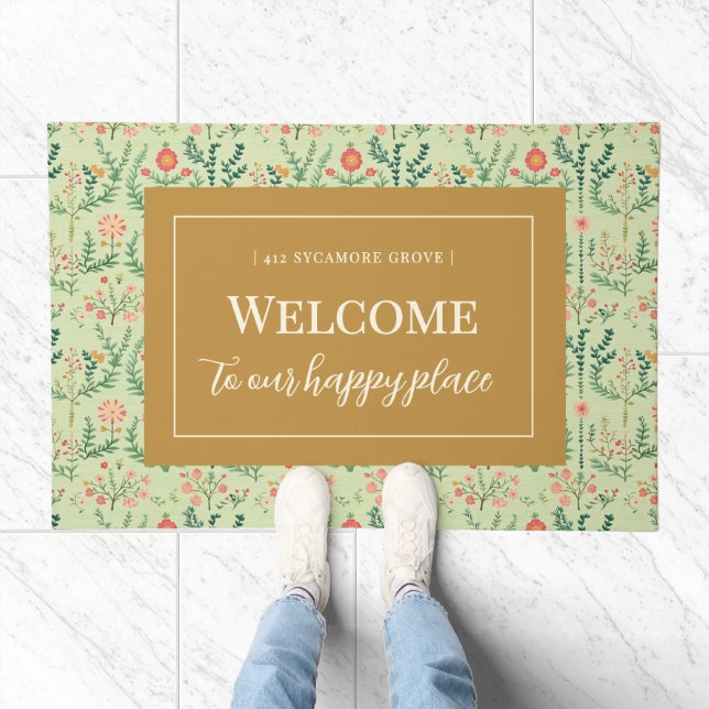 Pale Green Folk Floral Door Mat (Indoor)