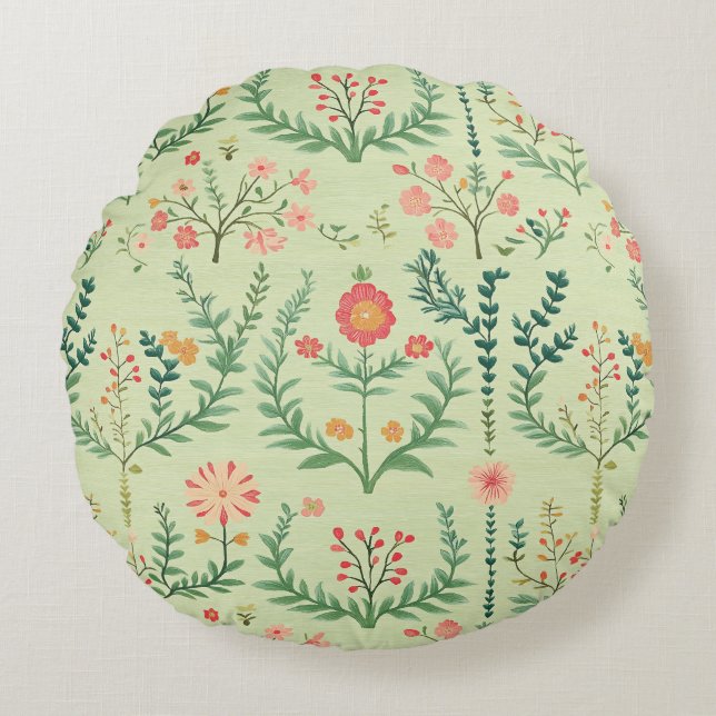 Pale Green Folk Floral Round Pillow (Front)