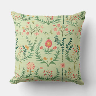 Pale Green Folk Floral Throw Pillow