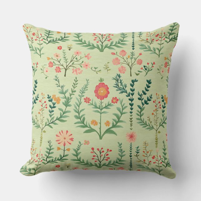 Pale Green Folk Floral Throw Pillow (Front)