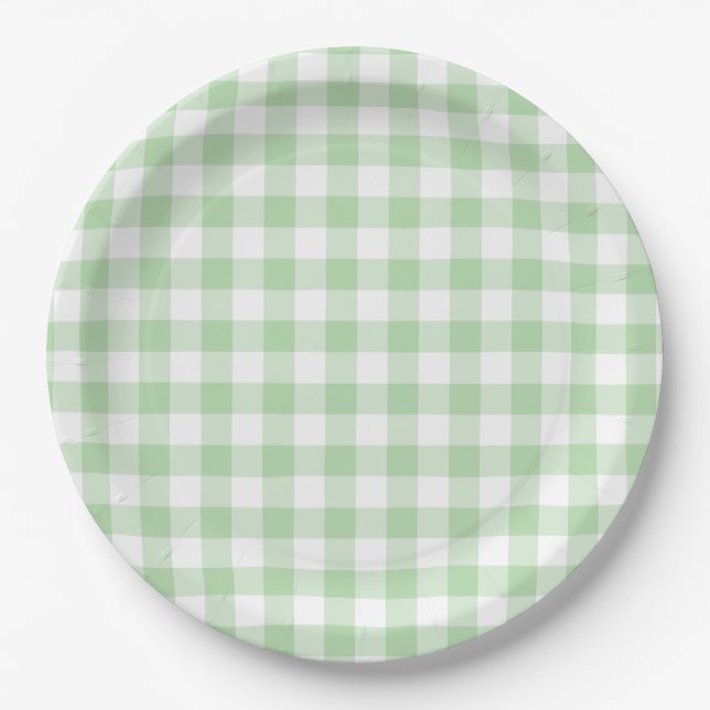 Pale Green Gingham Check Paper Plates (Front)