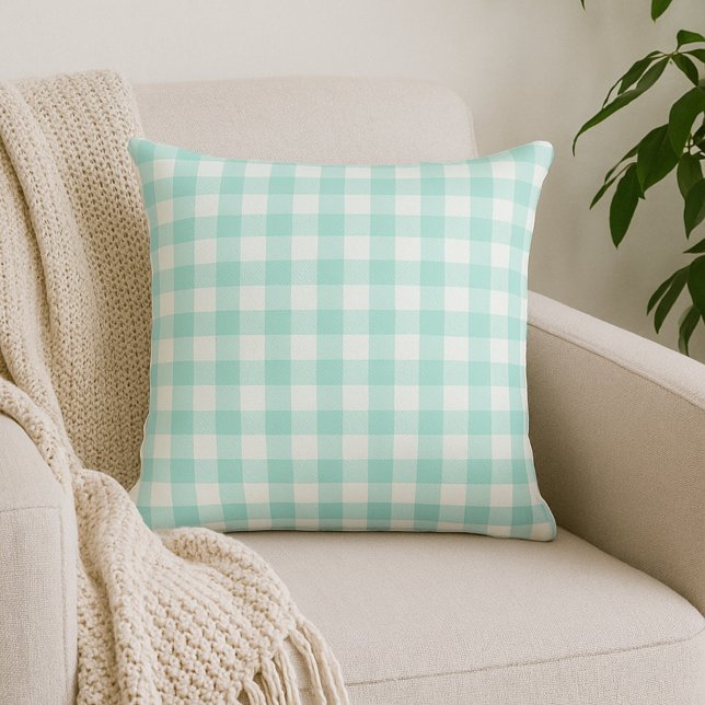 Pale Green Gingham Plaid Throw Pillow (Creator Uploaded)