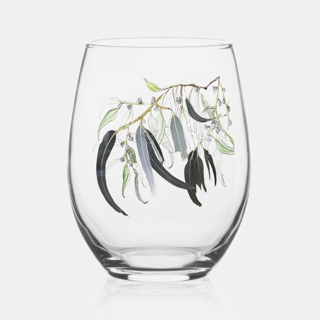pale green gum leaf designed Drinkware Set Stemless Wine Glass (Front)