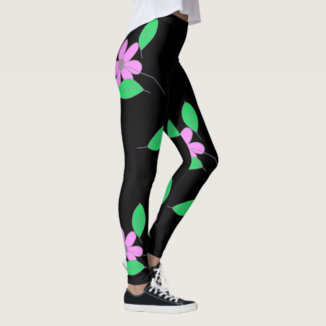 Pale Green Leaves Pink Flower Sketch Leggings (Right)