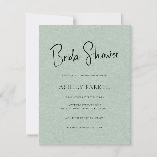 Pale Green Linen Simple Black Script Bridal Shower Invitation (Front)
