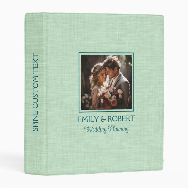 Pale Green Linen Texture Custom Wedding Photo Mini Binder (Front/Spine)