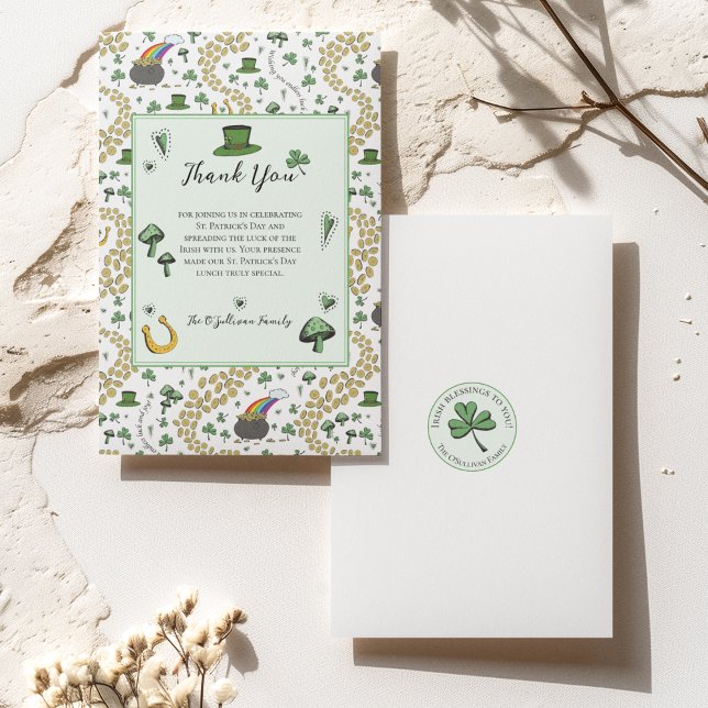 Pale Green Lucky St Patricks Day Thank You Card (St Patricks Day Thank You Card with Custom Message & Name. Irish Blessing on Back of the Card. 
)
