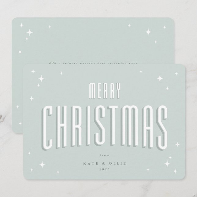 Pale Green Merry Christmas Retro Stars Flat Holiday Card (Front/Back)