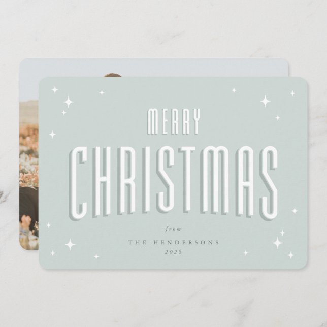 Pale Green Merry Christmas Retro Stars Flat Photo Holiday Card (Front/Back)