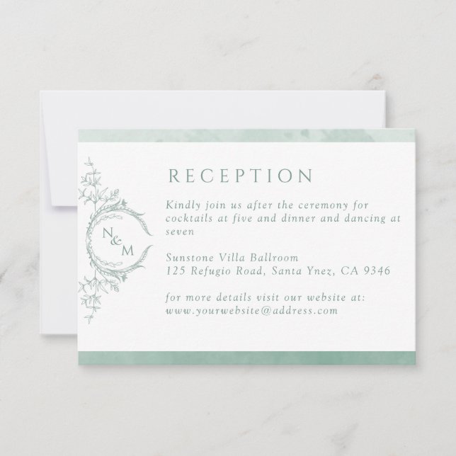 Pale Green Monogram Watercolor Wedding Reception RSVP Card (Front)