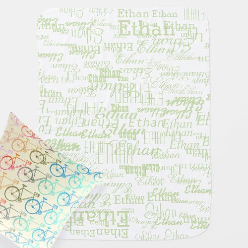 pale green name pattern on white personalized baby blanket