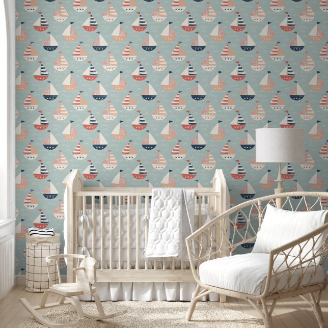 Pale Green Nautical Seamless Pattern Wallpaper (Kids)