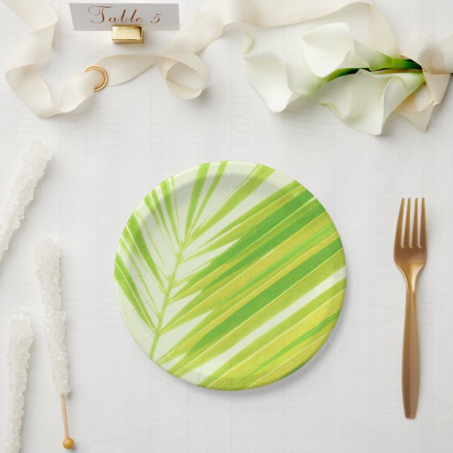 Pale Green Pastel Palm Leaves Paper Plates (Wedding)