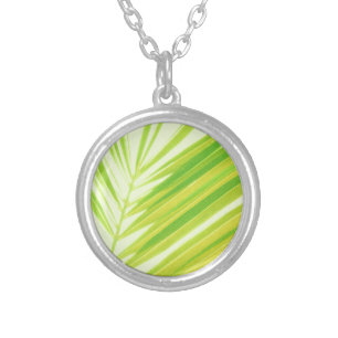 Pale Green Pastel Palm Leaves Silver Plated Necklace