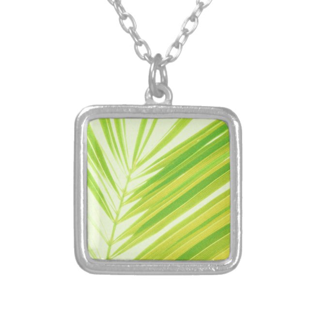 Pale Green Pastel Palm Leaves Silver Plated Necklace (Front)