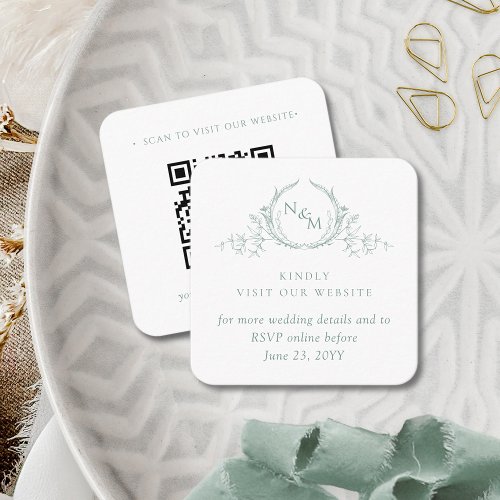 Pale Green QR Code Wedding RSVP Website Monogram Enclosure Card