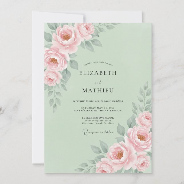 Pale Green Romantic Floral Wedding Invitation (Front)
