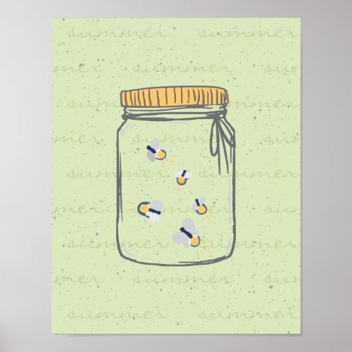 Pale Green Rough Sketch Fireflies in Mason Jar Poster