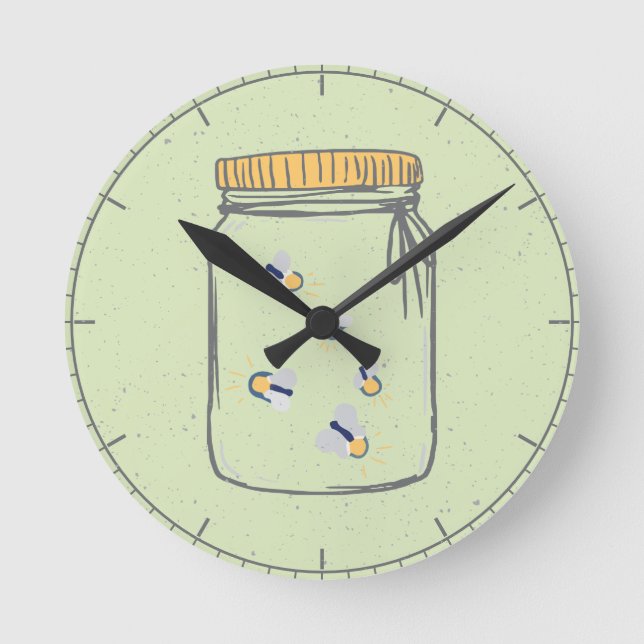 Pale Green Rough Sketch Fireflies in Mason Jar Round Clock (Front)