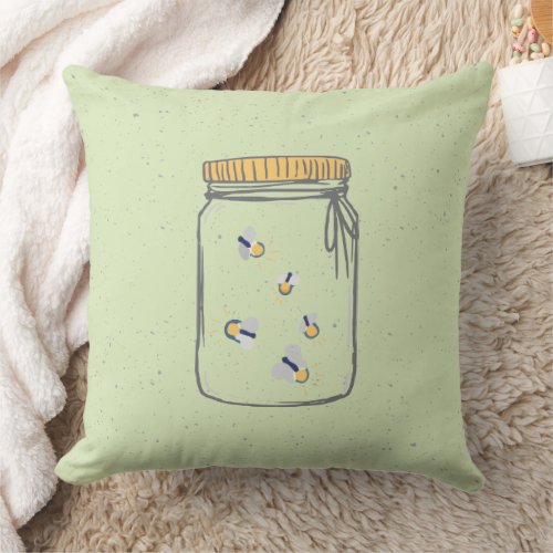 Pale Green Rough Sketch Fireflies in Mason Jar Throw Pillow