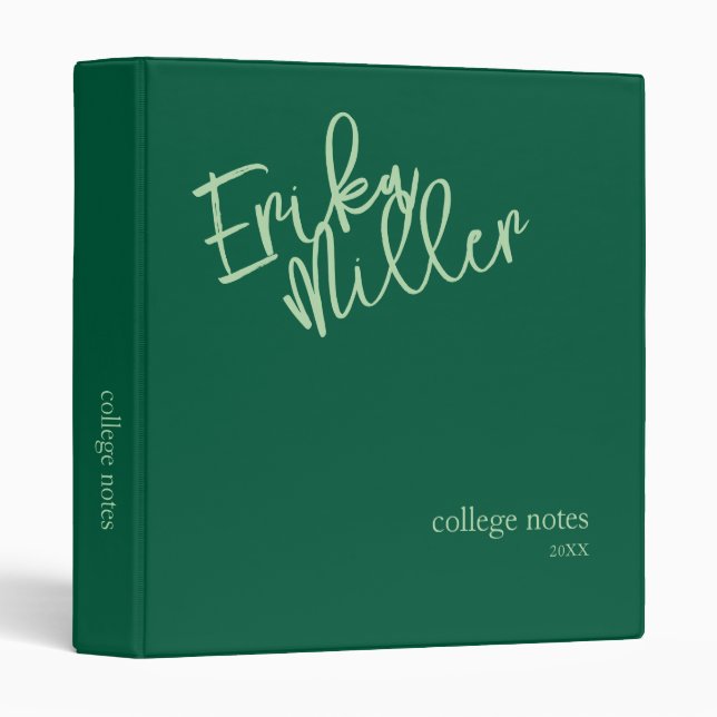 Pale-Green Script Name on Hunter-Green  3 Ring Binder (Front/Spine)