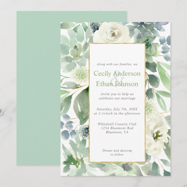 Pale Green Succulents & White Flowers Gold Wedding Invitation (Front/Back)