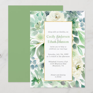 Pale Green Succulents & White Flowers Gold Wedding Invitation