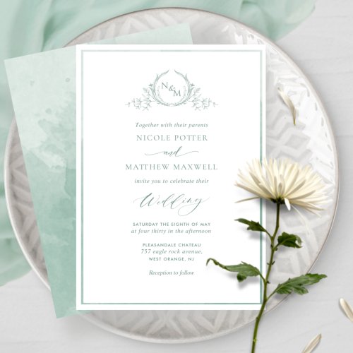 Pale Green Watercolor Elegant Monogram Wedding Invitation
