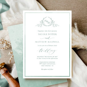Pale Green Watercolor, Elegant Monogram Wedding Invitation
