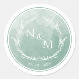 Pale Green Watercolor Monogram Envelope Seal/Favor Classic Round Sticker