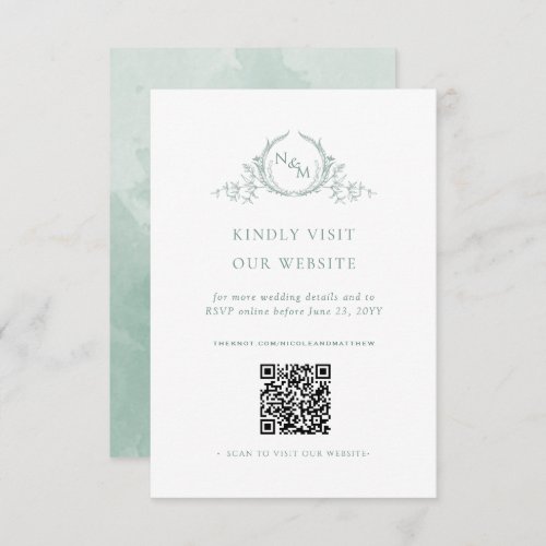 Pale Green Watercolor Monogram QR CodeRSVP Online Enclosure Card