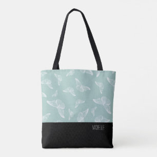Pale Green White Butterfly Black Bottom with Name Tote Bag